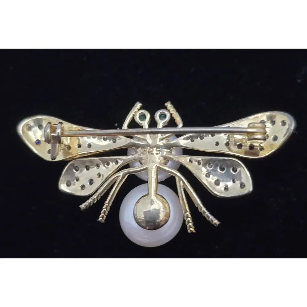 Sterling 925 Gold Plated 18k Bee Brooch Pin Cultured Pearls CZs